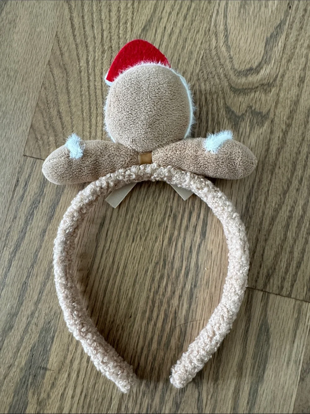 Plush Gingerbread Kids Headband in Beige and Red - Festive Holiday Bow